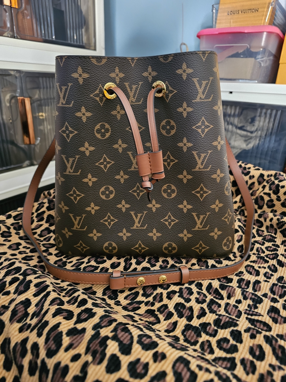 Logo Canvas Drawstring Bucket Bag in Brown